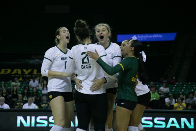The Baylor volleyball team celebrates a point during its conference game against the University of Oklahoma on Oct. 5, 2022 in the Ferrell Center.
Katy Mae Turner | Photographer
