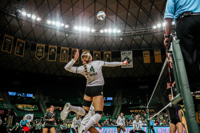 Freshman opposite hitter Allie Szcech rises up for a kill during the 2022 NCAA Division I Volleyball Championship First Round against Stephen F. Austin State University on Dec. 1, 2022 in the Ferrell Center.
Kenneth Prabhakar | Photographer