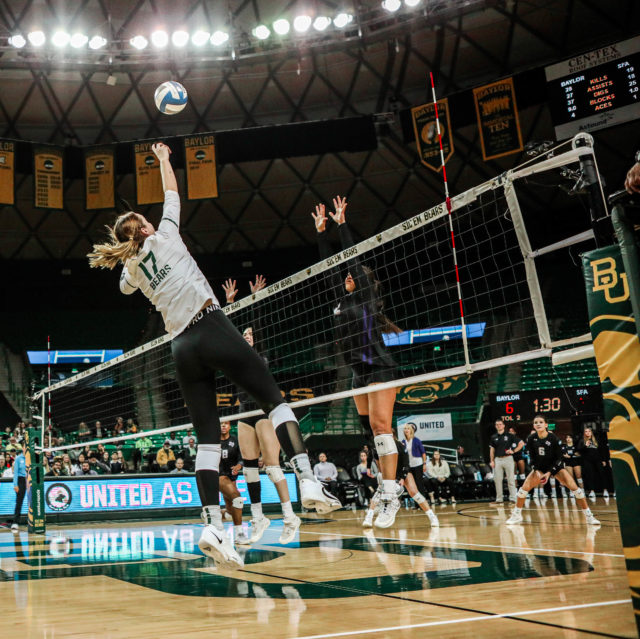 Senior middle blocker Kara McGhee (17) follows through on an attack during the 2022 NCAA Division I Volleyball Championship First Round against Stephen F. Austin State University on Dec. 1, 2022 in the Ferrell Center.
Kenneth Prabhakar | Photographer