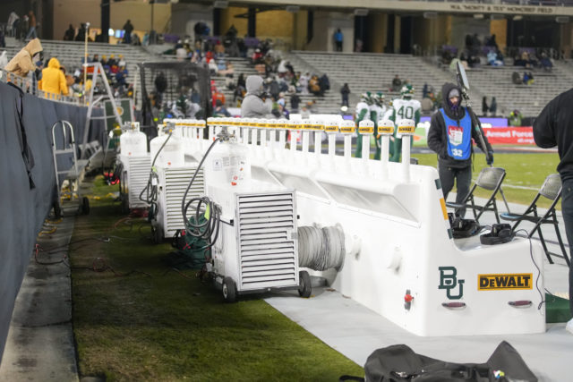 Before kickoff, heated seats were installed along the sidelines to help keep players warm during the Lockheed Martin Armed Forces Bowl on Dec. 23, 2022 at Amon G. Carter Stadium in Fort Worth. 
Josh Wilson | Roundup