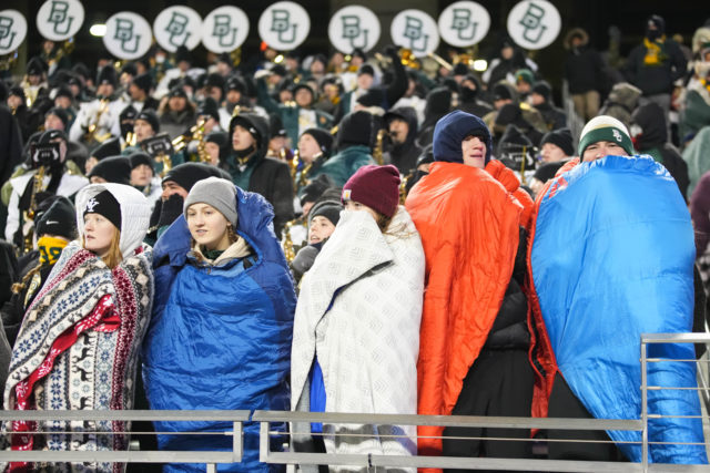 Baylor fans bundle up amid freezing temperatures during the Lockheed Martin Armed Forces Bowl on Dec. 23, 2022 at Amon G. Carter Stadium in Fort Worth. 
Josh Wilson | Roundup