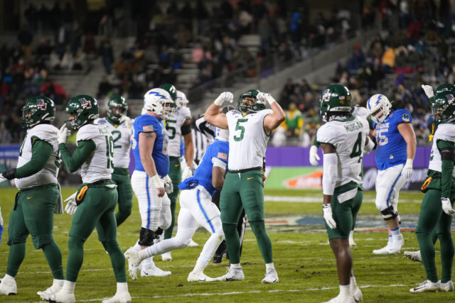 Fifth-year senior linebacker Dillon Doyle (5) celebrates a big defensive play during the Lockheed Martin Armed Forces Bowl on Dec. 22, 2022 at Amon G. Carter Stadium in Fort Worth. Josh Wilson | Roundup