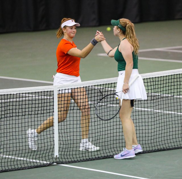 Freshman Daniella Tuhten (right) shakes hands with her University of Texas Rio Grande Valley opponent Valentina Urraco (left) after their singles match on Jan. 21, 2023, in the Hawkins Indoor Tennis Center. 
Kenneth Prabhakar | Photo Editor