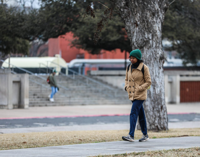 A student walks past Moody Library on Monday afternoon amidst the freezing temperatures. Kenneth Prabhakar | Photo Editor