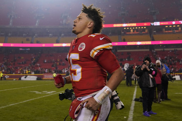 Kansas City Chiefs quarterback Patrick Mahomes (15) leaves the field after an NFL divisional round playoff football game between the Kansas City Chiefs and the Jacksonville Jaguars on Saturday in Kansas City, Mo. The Kansas City Chiefs won 27-20. (AP Photo/Jeff Roberson)