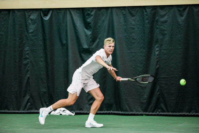 Freshman Zsomber Velcz eyes down a return shot during a non-conference match against No. 3 Texas Christian University, on Feb. 8, 2023, in the Hawkins Indoor Tennis Center.
Kenneth Prabhakar | Photo Editor