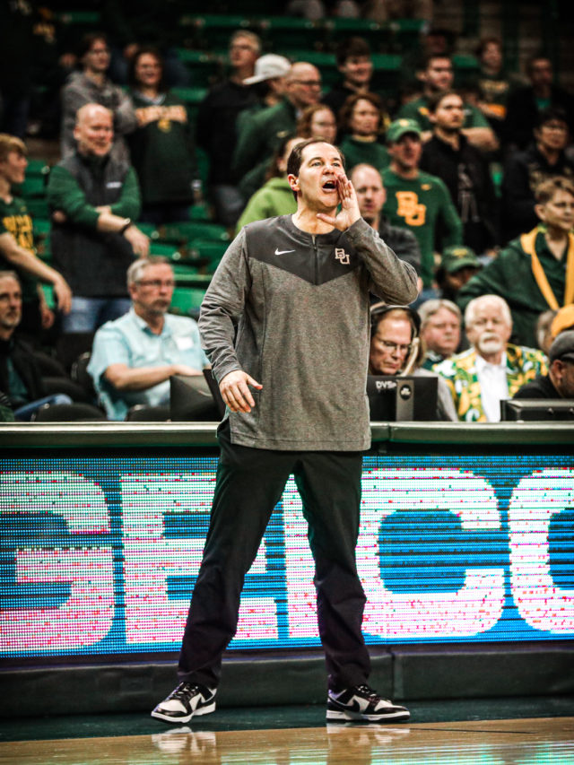 Head coach Scott Drew calls out to his squad during a conference game against West Virginia University, on Feb. 13, 2023, in the Ferrell Center.
Kenneth Prabhakar | Photo Editor