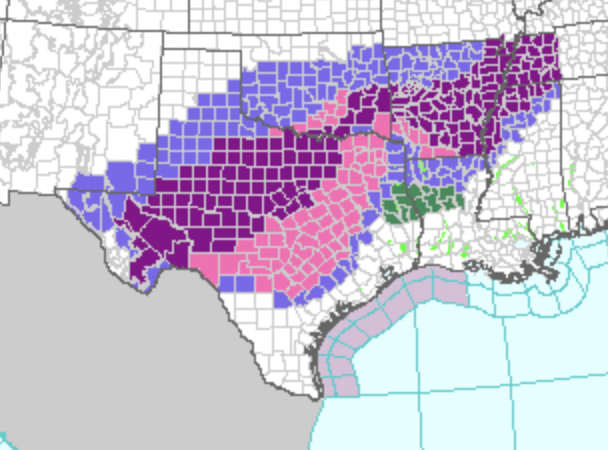 A county map of Texas issued by the National Weather Service shows most of the state under winter and ice storm warnings for Wednesday.
