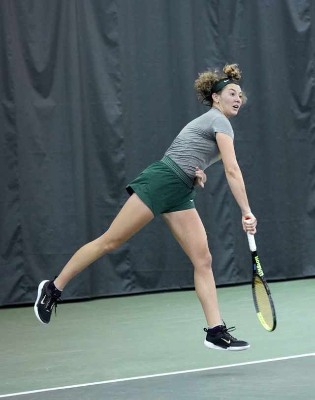 Freshman Daniella Dimitrov follows through on a serve toward her opponent during a non-conference match against No. University of Florida, Sunday, Feb. 5, 2023, in the Hawkins Indoor Tennis Center.
Grace Everett | Photographer