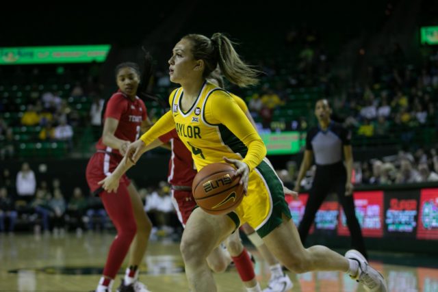 Junior guard Jana Van Gytenbeek (4) attacks the basket down the baseline during a conference game against Texas Tech University, Saturday, in the Ferrell Center.
Katy Mae Turner | Photographer