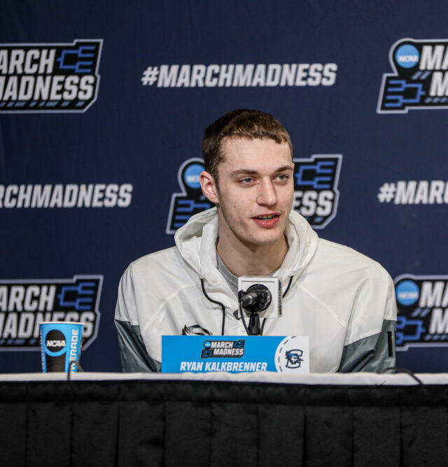 No. 6 seed Creighton University's junior forward Ryan Kalkbrenner talks during a press conference before its second round matchup against No. 3 seed Baylor men's basketball, Saturday, in the Ball Arena, in Denver.
Kenneth Prabhakar | Photo Editor