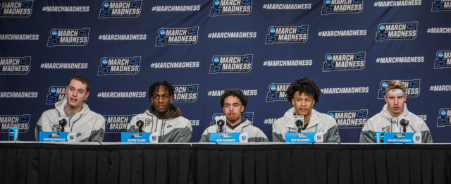 No. 6 Creighton University's starting lineup at the press conference before its second round matchup against No. 3 seed Baylor men's basketball, Saturday, in the Ball Arena, in Denver.
Kenneth Prabhakar | Photo Editor