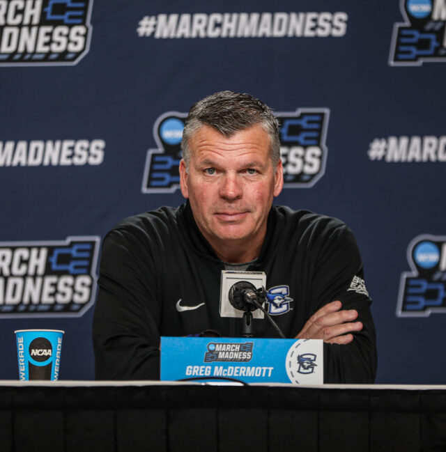 No. 6 Creighton University's head coach Greg McDermott talks during a press conference before the team's second round matchup against No. 3 seed Baylor men's basketball, Saturday, in the Ball Arena, in Denver.
Kenneth Prabhakar | Photo Editor