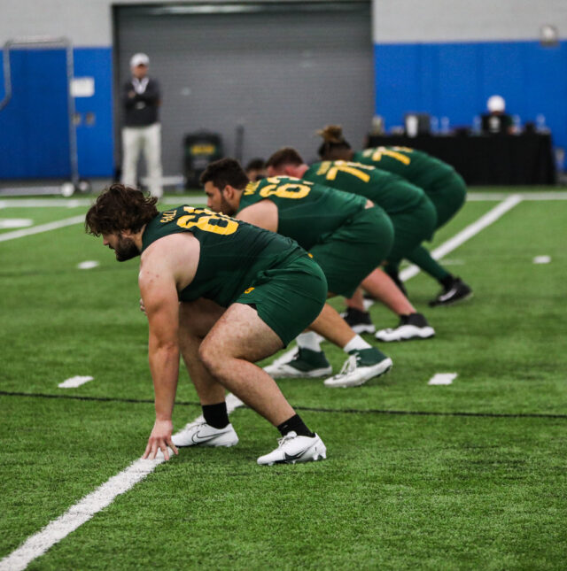 Five Bears line up on the offensive line during Baylor football's Pro Day, on Monday, in Midway's Activity Center, in Hewitt.
Kenneth Prabhakar | Photo Editor