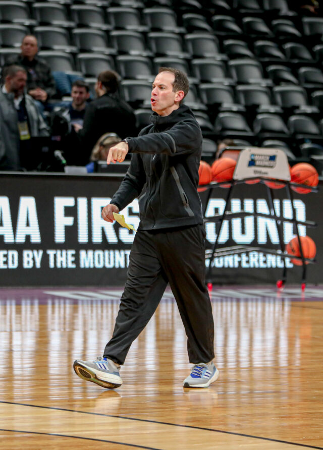No. 14 seed University of California, Santa Barbara head coach Joe Pasternack directs his team during the Gauchos' practice ahead of their round of 64 matchup with No. 3 seed Baylor men's basketball, on Thursday, in the Ball Arena, in Denver. 
Kenneth Prabhakar | Photo Editor