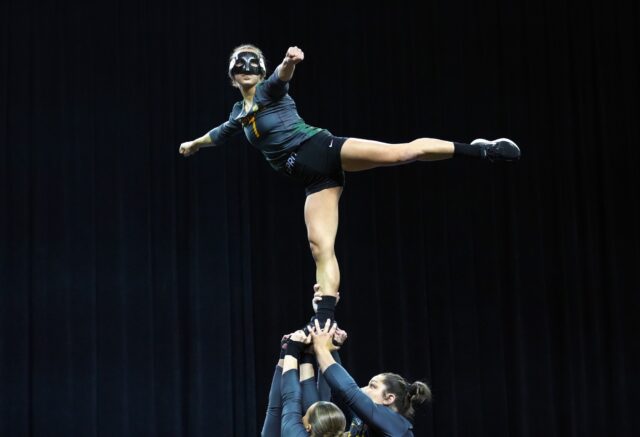 Senior top and tumbler Emily Tobin (7) poses during No. 1 Baylor acrobatics & tumbling's meet against No. 12 Frostburg State University, on Wednesday, in the Ferrell Center.
Olivia Havre | Photographer