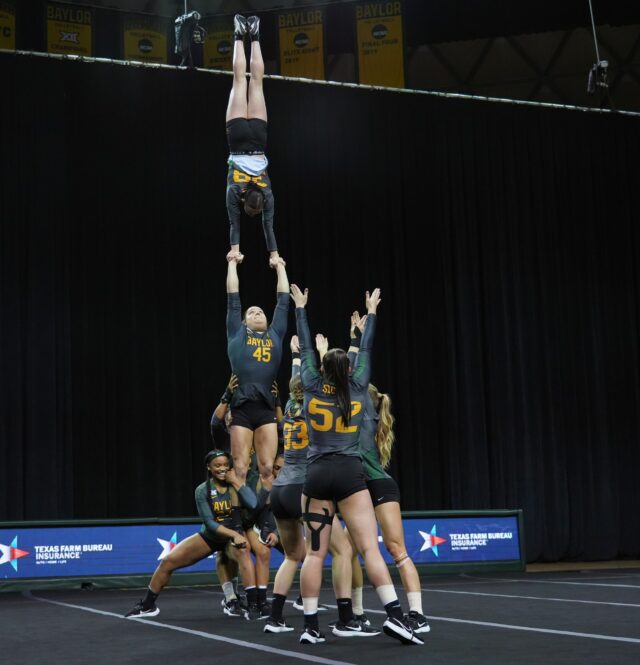 The No. 1 Baylor acrobatics & tumbling team does the "Tower of Terror" in Heat 1 of the Pyramid event, during a meet against No. 12 Frostburg State University, on Wednesday, in the Ferrell Center.
Olivia Havre | Photographer