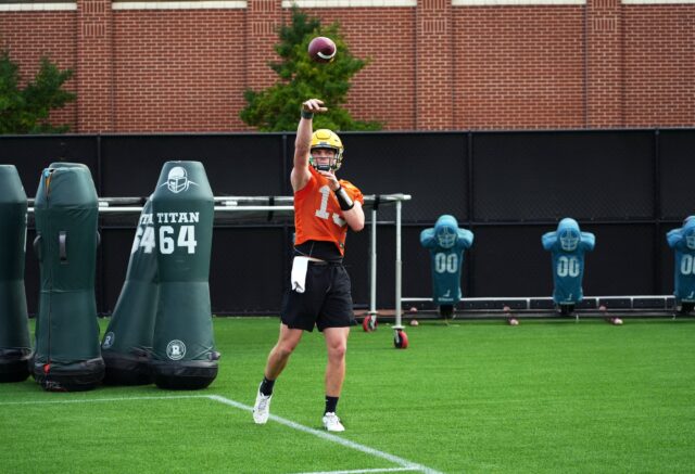 Redshirt sophomore quarterback Sawyer Robertson (13) throws the football during Baylor football's second day of spring camp, on Thursday, on the team's practice field.
Olivia Havre | Photographer