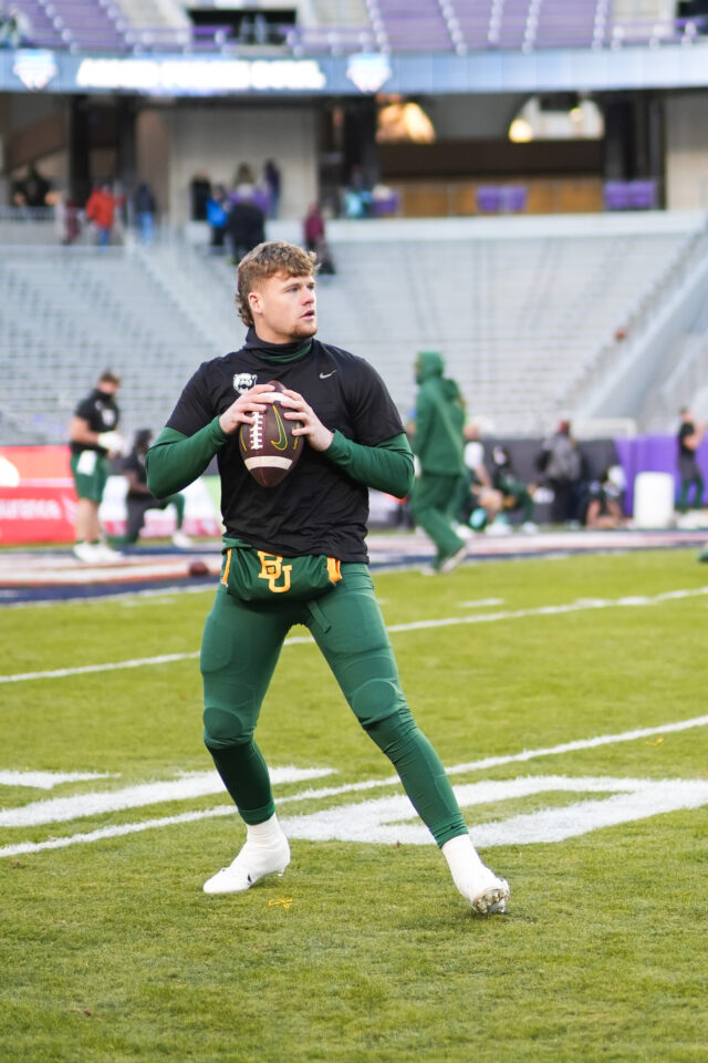 Sophomore quarterback Blake Shapen throws passes during the warm up period ahead of the Lockheed Martin Armed Forces Bowl on Dec. 22, 2022 at Amon G. Carter Stadium in Fort Worth. 
Josh Wilson | Roundup