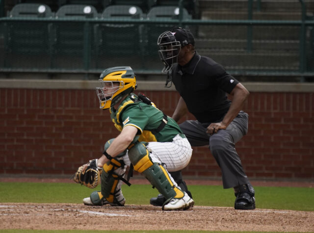 Sophomore catcher Cortlan Castle (19) readies in his stance before the pitch during Baylor baseball's non-conference contest against Sam Houston State University, on Tuesday, at Baylor Ballpark.
Grace Everett | Photographer