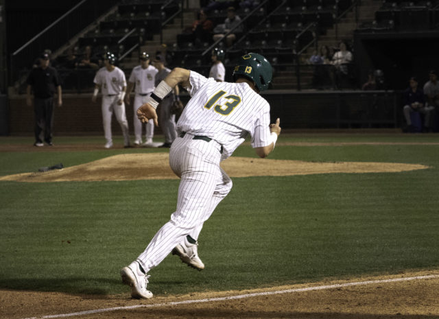 Freshman infielder Kobly Branch (13) runs down the third base line toward home plate during a non-conference midweek contest against the University of Texas at San Antonio, Tuesday, at Baylor Ballpark.
Grace Everett | Photographer
