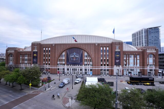 Final Four signange hangs on the exterior of American Airlines Center Wednesday in Dallas. The venue will host the women's NCAA Final Four basketbal tournament where South Carolina is scheduled to play Iowa and LSU will play Virginia Tech on Friday. (AP Photo/Tony Gutierrez)