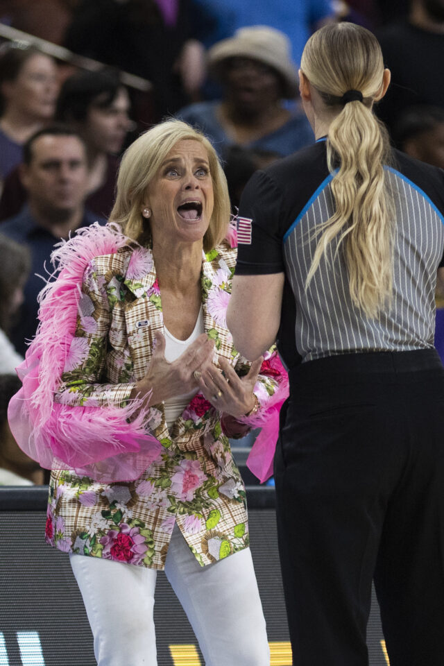LSU coach Kim Mulkey argues a call during during the second half of the team's Sweet 16 college basketball game against Utah in the women's NCAA Tournament in Greenville, S.C., Friday. (AP Photo/Mic Smith)