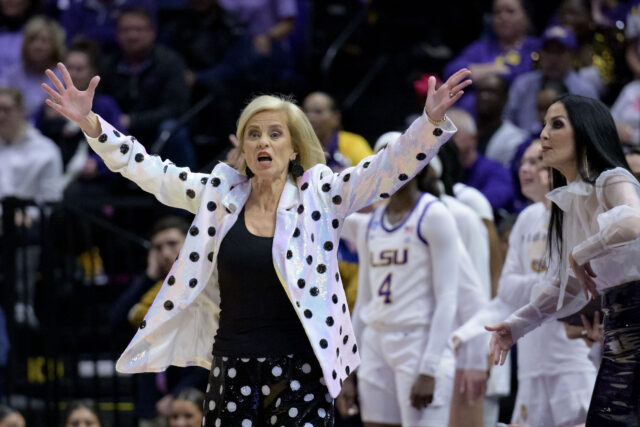 LSU coach Kim Mulkey reacts during the first half of the team's second-round college basketball game against Michigan in the women's NCAA Tournament in Baton Rouge, La., Sunday, March 19. (AP Photo/Matthew Hinton)