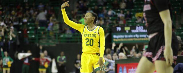 Senior guard Juicy Landrum (20) celebrates after hitting one of her NCAA record 14 3-pointers in a non-conference game against Arkansas State University, on Dec. 18, 2019, in the Ferrell Center.
Photo courtesy of Baylor Athletics