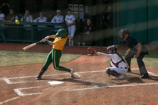 A Baylor softball batter makes contact with the ball during a non-conference game against Texas A&M University as part of the Ode to Joy Invitational, Sunday, at Getterman Stadium.
Katy Mae Turner | Photographer