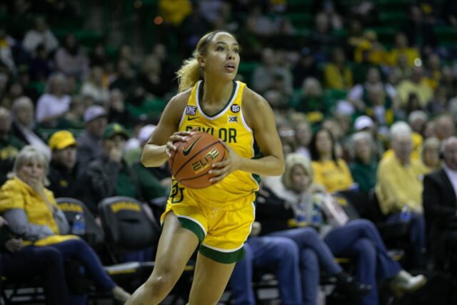 Senior guard Jaden Owens (10) has her eyes on the basket as she corrals the ball during a conference game against Texas Tech University, Saturday, in the Ferrell Center.
Katy Mae Turner | Photographer