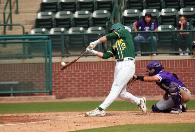 Freshman catcher Walker Polk (33) swings and makes contact with the ball during Baylor baseball's midweek contest against Tarleton State University Tuesday afternoon at Baylor Ballpark. Olivia Havre | Photographer