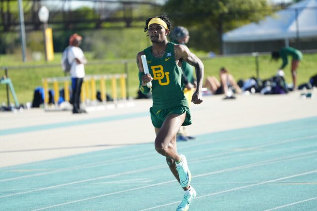 Senior sprinter Kamden Jackson participates in one of his relay events during Baylor track and field's final day of the Clyde Hart Classic on March 25 at the Clyde Hart Track and Field Stadium in Waco.
Photo courtesy of Baylor Athletics