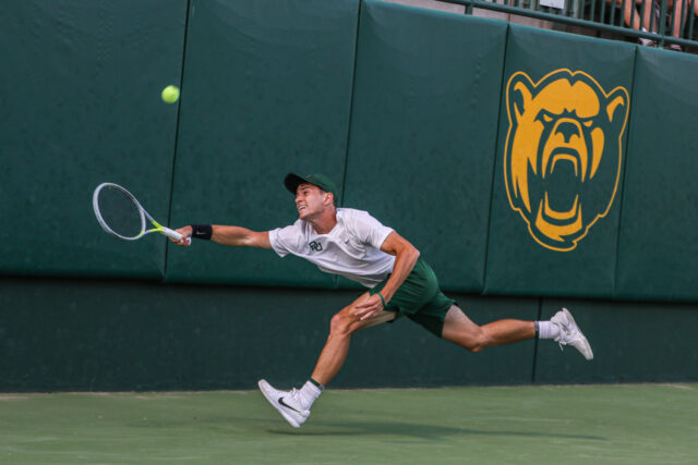 Junior Tadeas Paroulek hurries to the ball and makes a leaping effort in order to return it during Baylor men's tennis' Saturday doubleheader against the University of Texas Rio Grande Valley and Texas Tech University, at the Hurd Tennis Center.
Kenneth Prabhakar | Photo Editor