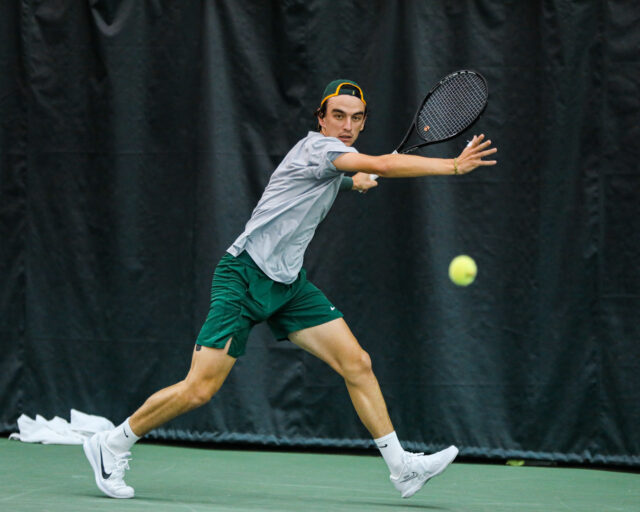 Senior Juan Pablo Grassi Mazzuchi eyes down the ball before hitting it back toward his opponent during Baylor men's tennis' non-conference match against No. 9 Florida State University, on Jan. 28, in the Hawkins Indoor Tennis Center.
Kenneth Prabhakar | Photo Editor