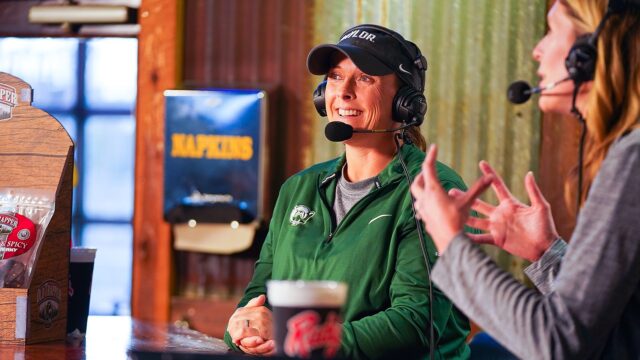 Baylor equestrian head coach Casie Maxwell smiles as she appears on the Baylor Coach&squot;s Show, live at Rudy&squot;s "Country Store" and Bar-B-Q in Waco on March 16.
Photo courtesy of Baylor Athletics