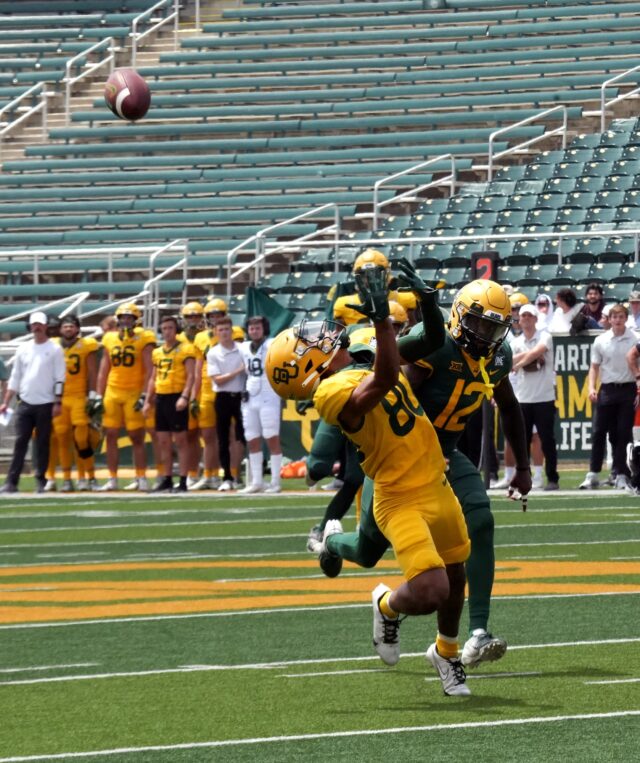 Junior wide receiver Monaray Baldwin (80) tries to look over his shoulder and make a catch during Baylor football's annual Green & Gold scrimmage on Saturday at McLane Stadium.Olivia Havre | Photographer