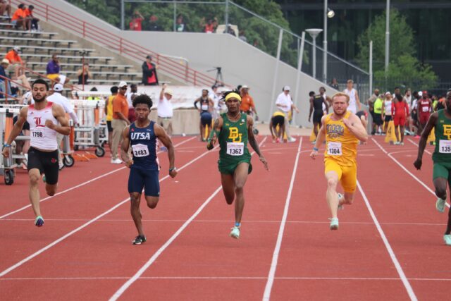 Senior sprinter Kamden Jackson (middle lane) runs his unseeded portion of the 100-meter dash during Baylor track and field's second day at the 95th Clyde Littlefield Texas Relays on March 31 at Mike A. Myers Stadium in Austin.
Photo courtesy of Baylor Athletics