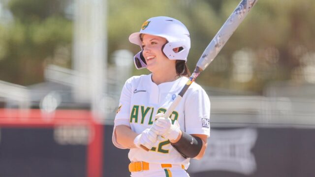Junior outfielder Ana Watson smiles during No. 18 Baylor softball's second game of a three-game series against Texas Tech University on April 15 at Rocky Johnson Stadium in Lubbock.
Photo courtesy of Baylor Athletics