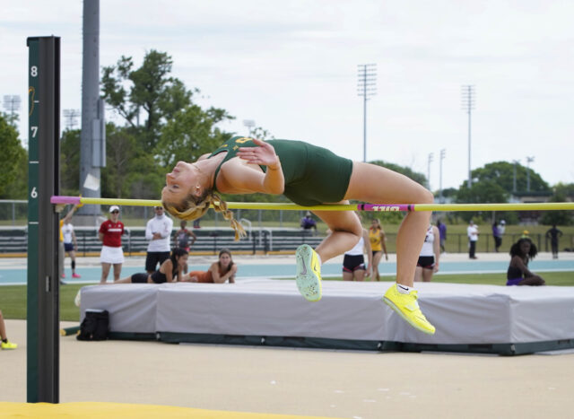 Graduate student jumper Moorea Long clears the high jump pole during Baylor track and field's final day of its last home meet of the season, the Michael Johnson Invitational on Saturday at the Clyde Hart Track and Field Stadium.
Grace Everett | Photographer