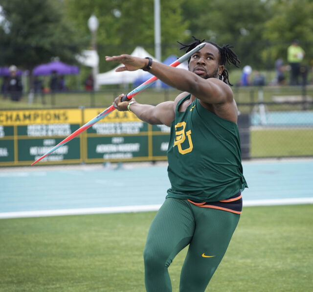 Chinecherem Prosper Nnamdi prepares to throw the javelin during Baylor track and field's final day of its last home meet of the season, the Michael Johnson Invitational on Saturday at the Clyde Hart Track and Field Stadium.
Grace Everett | Photographer