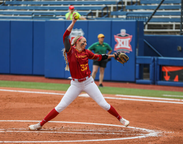 Cyclone senior utilty Ellie Spelhaug (32) hurls a pitch toward home plate during No. 4 seed Baylor softball's first round game against No. 5 seed Iowa State University as part of the Phillips 66 Big 12 Softball Championship on Thursday at USA Softball Hall of Fame Stadium in Oklahoma City.
Michael Haag | Sports Editor