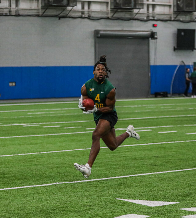 Safety Christian Morgan (4) catches the ball on the left side of the field during Baylor football's Pro Day on March 27 in Midway High School's Activity Center in Hewitt.
Kenneth Prabhakar | Photo Editor