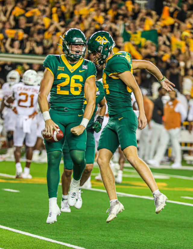 Redshirt sophomore long snapper Garrison Grimes (26) recovered the first two fumbles of his career against No. 3 Texas on Saturday at McLane Stadium. Kenneth Prabhakar | Photo Editor