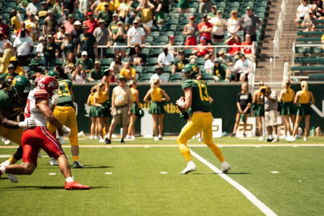 Redshirt sophomore quarterback Sawyer Robertson (13) totaled 218 yards through the air on 12 of 28 passes, and he scored a 4-yard rushing TD against No. 12 Utah on Saturday at McLane Stadium. Assoah Ndomo | Photographer