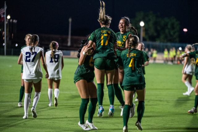 Senior midfielder Ashley Merrill (17) celebrates one of the Bears' seven goals during Baylor soccer's non-conference match against Abilene Christian Sunday night at Betty Lou Mays Field. Lilly Yablon | Photographer
