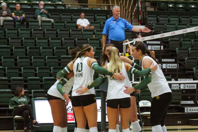 The Baylor volleyball team celebrates a scored point during its second match of the Ram Volleyball Classic against Bowling Green on Saturday in the Moby Arena in Fort Collins, Colo.
Photo courtesy of Baylor Athletics