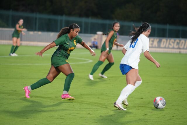 Freshman midfielder Salma Simonin (6) chases after a Cougar with the ball during Baylor soccer's conference match against No. 6 BYU Thursday night at Betty Lou Mays Field. Kassidy Tsikitas | Photographer
