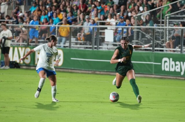 Sophomore forward Tyler Isgrig (11) dribbles down the left side of the pitch during Baylor soccer's conference match against No. 6 BYU Thursday night at Betty Lou Mays Field. Kassidy Tsikitas | Photographer