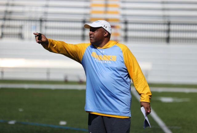Image from LIU football practice on Wednesday, Aug. 3, 2022, at Bethpage Federal Credit Union Stadium in Brookville, N.Y. Pictured: head coach Ron Cooper
Photo courtesy of Long Island Athletics